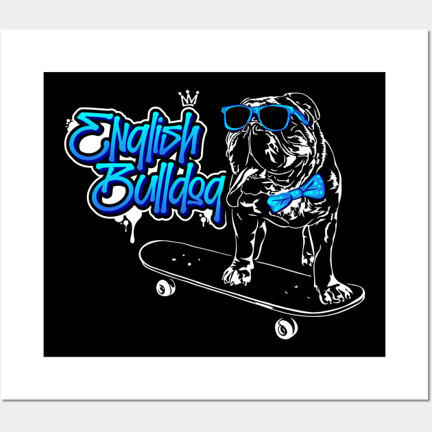 Funny English Bulldog skateboard dog portrait Wall Art by wilsigns